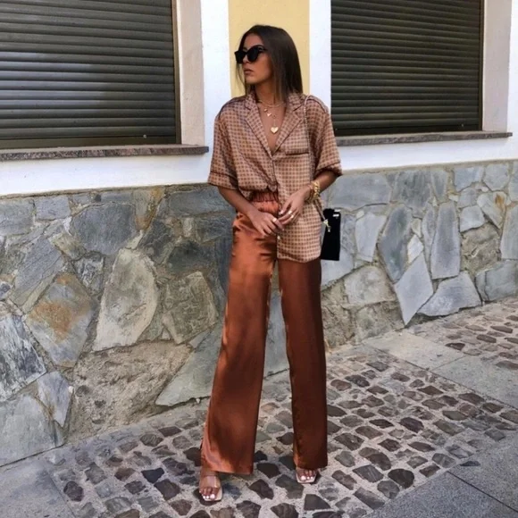 ZARA satin copper brown pajama pants - Picture 1 of 12